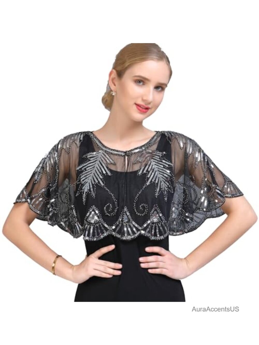 Sequin Lace Evening Shawl 1920s Flapper Cover Up Bridal Cape